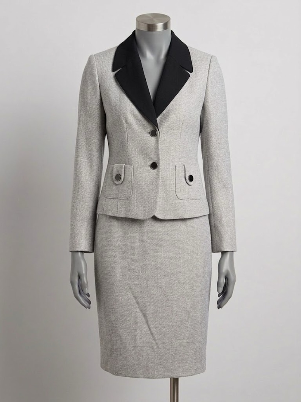 Le Suit Light Gray Two-Piece Blazer and Pencil Skirt with Black Notched Lapel